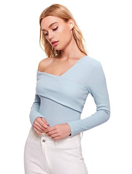 Romwe Women's Casual Cross Off Shoulder Deep V Neck Ribbed Knit Slim Wrap Tee Shirt Blouse