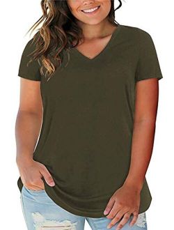 ROSRISS Women's Plus Size Floral Tops V Neck T-Shirts Short Sleeve Casual Tees