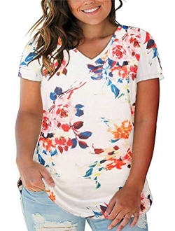 ROSRISS Women's Plus Size Floral Tops V Neck T-Shirts Short Sleeve Casual Tees