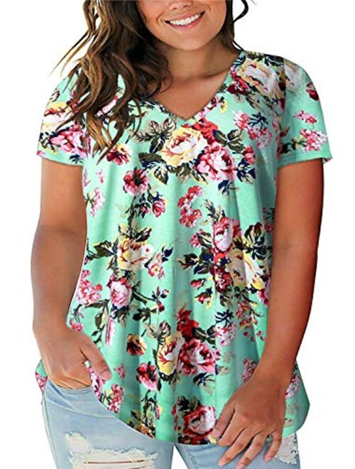 ROSRISS Women's Plus Size Floral Tops V Neck T-Shirts Short Sleeve Casual Tees