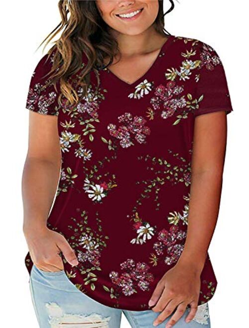 ROSRISS Women's Plus Size Floral Tops V Neck T-Shirts Short Sleeve Casual Tees