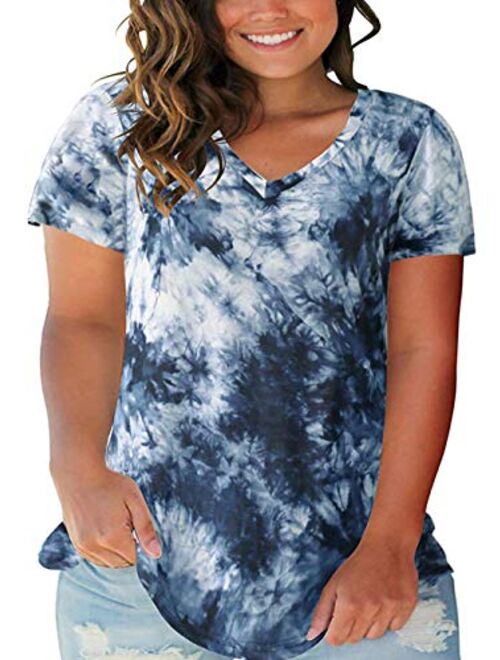 ROSRISS Women's Plus Size Floral Tops V Neck T-Shirts Short Sleeve Casual Tees