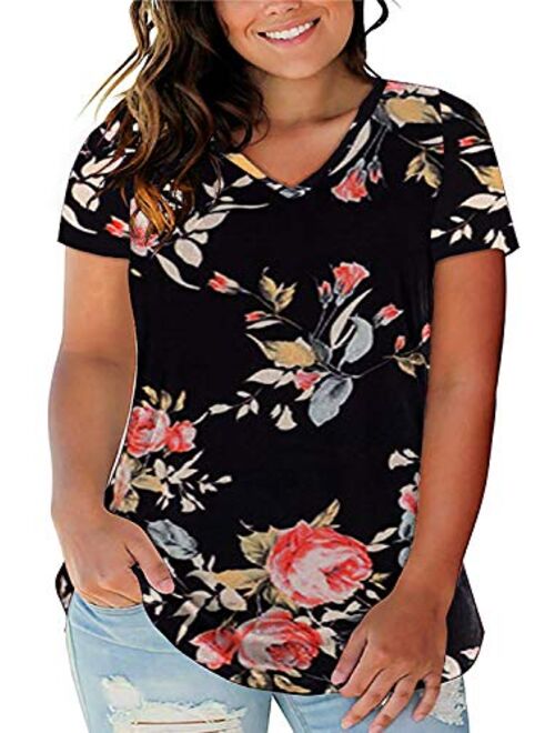 ROSRISS Women's Plus Size Floral Tops V Neck T-Shirts Short Sleeve Casual Tees