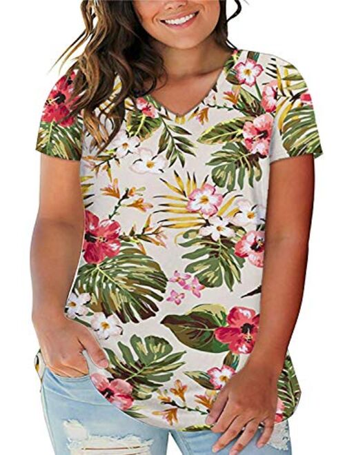 ROSRISS Women's Plus Size Floral Tops V Neck T-Shirts Short Sleeve Casual Tees