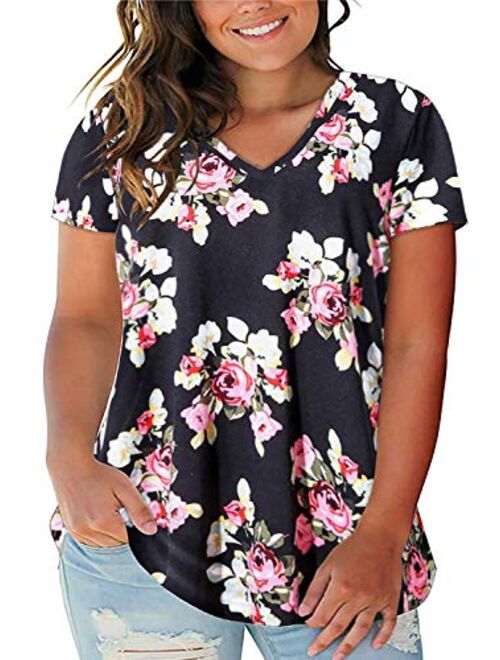 ROSRISS Women's Plus Size Floral Tops V Neck T-Shirts Short Sleeve Casual Tees