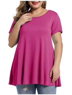 MONNURO Womens Short Sleeve Casual Loose Fit Flare Swing Tunic Tops Basic T-Shirt Plus Size