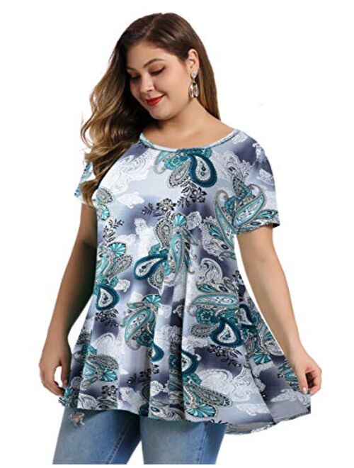 MONNURO Womens Short Sleeve Casual Loose Fit Flare Swing Tunic Tops Basic T-Shirt Plus Size