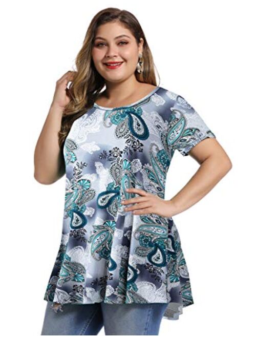 MONNURO Womens Short Sleeve Casual Loose Fit Flare Swing Tunic Tops Basic T-Shirt Plus Size