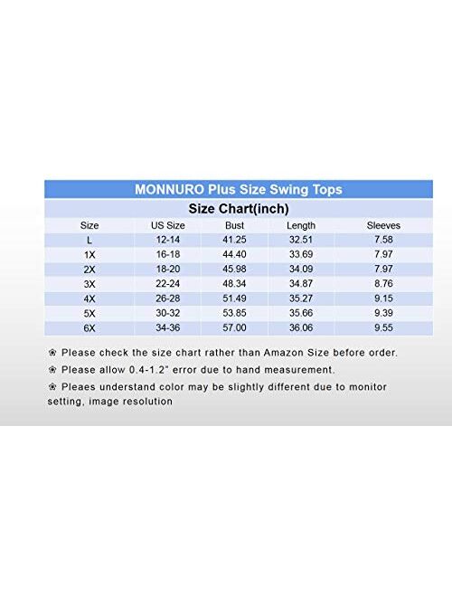 MONNURO Womens Short Sleeve Casual Loose Fit Flare Swing Tunic Tops Basic T-Shirt Plus Size