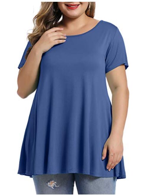 MONNURO Womens Short Sleeve Casual Loose Fit Flare Swing Tunic Tops Basic T-Shirt Plus Size