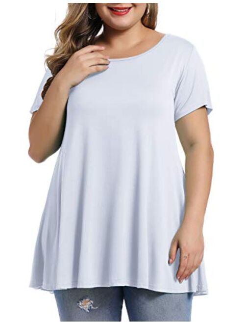 MONNURO Womens Short Sleeve Casual Loose Fit Flare Swing Tunic Tops Basic T-Shirt Plus Size