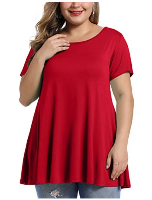 MONNURO Womens Short Sleeve Casual Loose Fit Flare Swing Tunic Tops Basic T-Shirt Plus Size