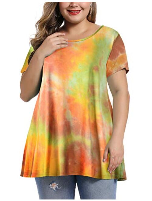 MONNURO Womens Short Sleeve Casual Loose Fit Flare Swing Tunic Tops Basic T-Shirt Plus Size