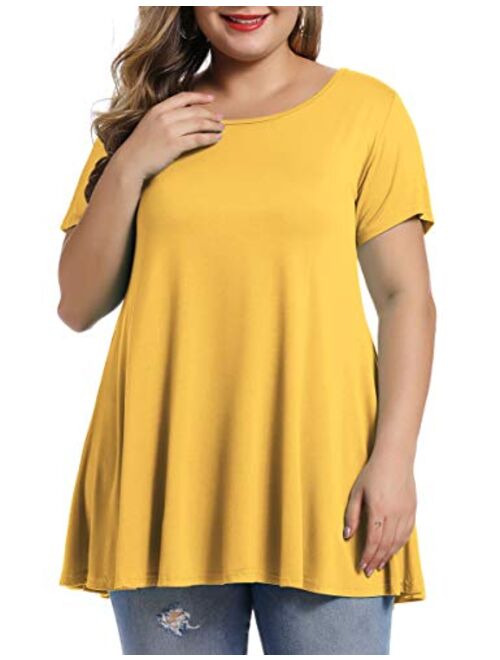 MONNURO Womens Short Sleeve Casual Loose Fit Flare Swing Tunic Tops Basic T-Shirt Plus Size