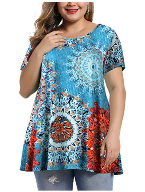 MONNURO Womens Short Sleeve Casual Loose Fit Flare Swing Tunic Tops Basic T-Shirt Plus Size