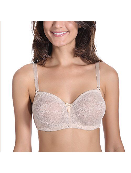 Dobreva Women's No Padding See-through Underwire Multiway Strapless Lace Bra