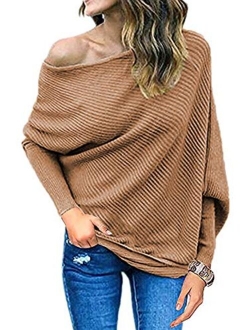 Qearal Womens Off Shoulder Loose Pullover Sweater Batwing Sleeve Knit Jumper Oversized Tunic Tops