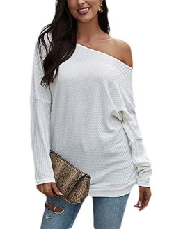 Qearal Womens Off Shoulder Loose Pullover Sweater Batwing Sleeve Knit Jumper Oversized Tunic Tops