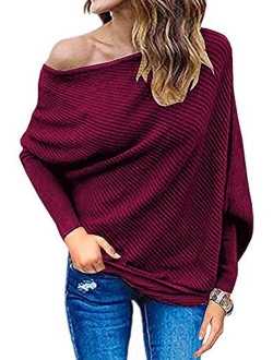 Qearal Womens Off Shoulder Loose Pullover Sweater Batwing Sleeve Knit Jumper Oversized Tunic Tops