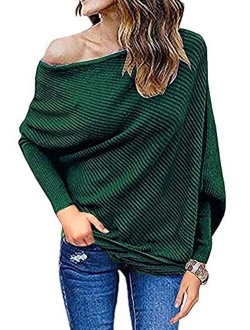 Qearal Womens Off Shoulder Loose Pullover Sweater Batwing Sleeve Knit Jumper Oversized Tunic Tops