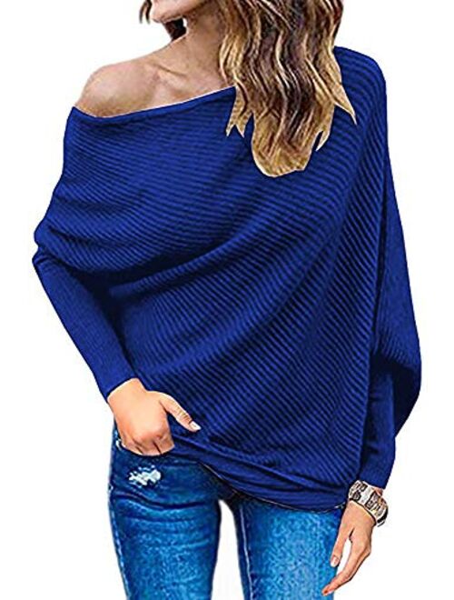 Qearal Womens Off Shoulder Loose Pullover Sweater Batwing Sleeve Knit Jumper Oversized Tunic Tops