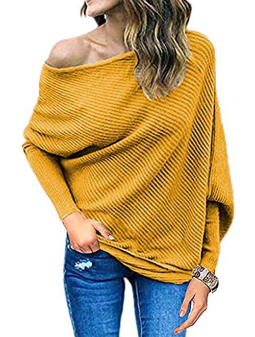 Qearal Womens Off Shoulder Loose Pullover Sweater Batwing Sleeve Knit Jumper Oversized Tunic Tops