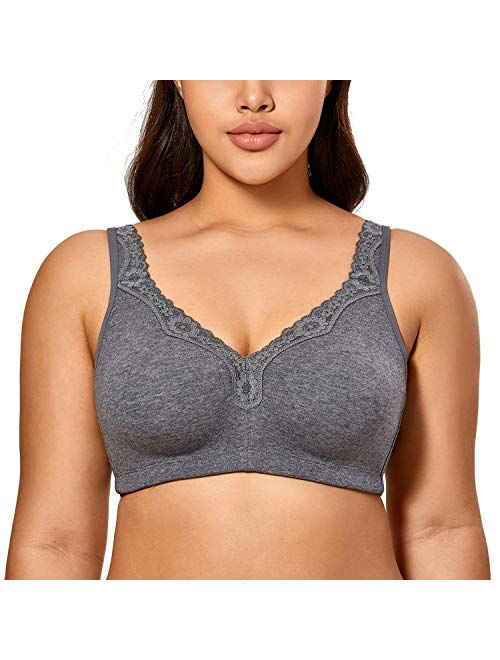 DELIMIRA Women's Lace Plus Size Wire-Free Non-Foam Comfort Cotton Bra