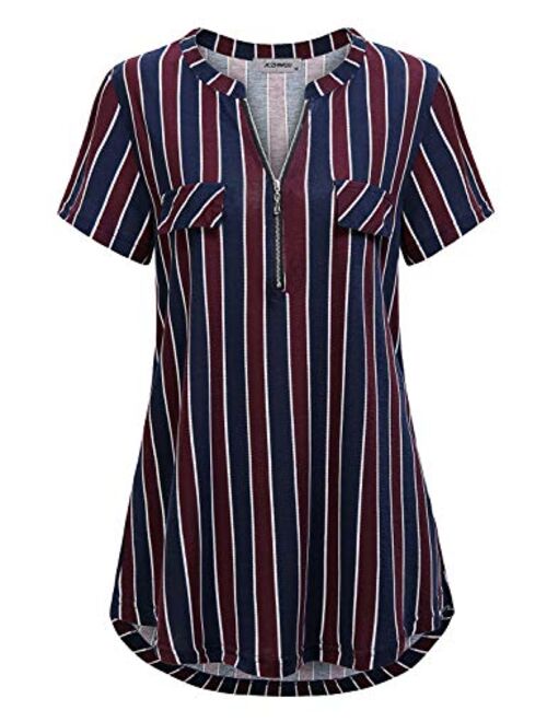 JCZHWQU Women's Zip Up V Neck Short Sleeve Casual Tunic Shirt