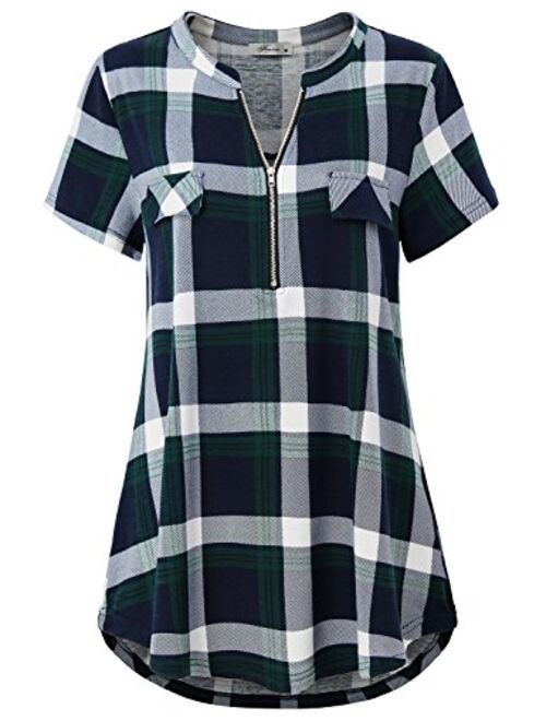 JCZHWQU Women's Zip Up V Neck Short Sleeve Casual Tunic Shirt