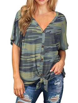 IWOLLENCE Womens Loose Henley Blouse Bat Wing Short Sleeve Button Down T Shirts Tie Front Knot Tops