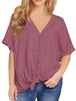 IWOLLENCE Womens Loose Henley Blouse Bat Wing Short Sleeve Button Down T Shirts Tie Front Knot Tops