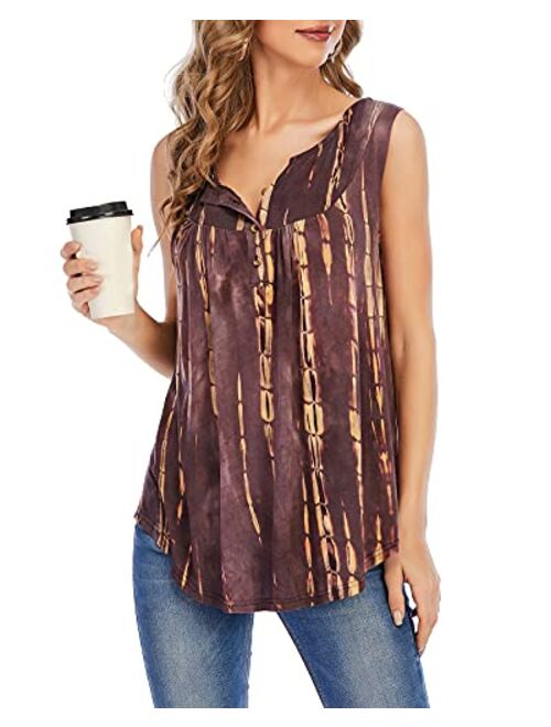 AMCLOS Womens Floral Tie-Dye Tops V Neck T-Shirts Button up Tunic Casual Flowy Swing Ruffle Blouses Loose Long Sleeve