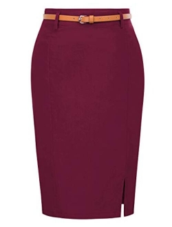 Women's Bodycon Pencil Skirt with Blet Solid Color Hip-Wrapped