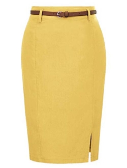 Women's Bodycon Pencil Skirt with Blet Solid Color Hip-Wrapped