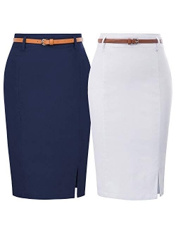 Women's Bodycon Pencil Skirt with Blet Solid Color Hip-Wrapped