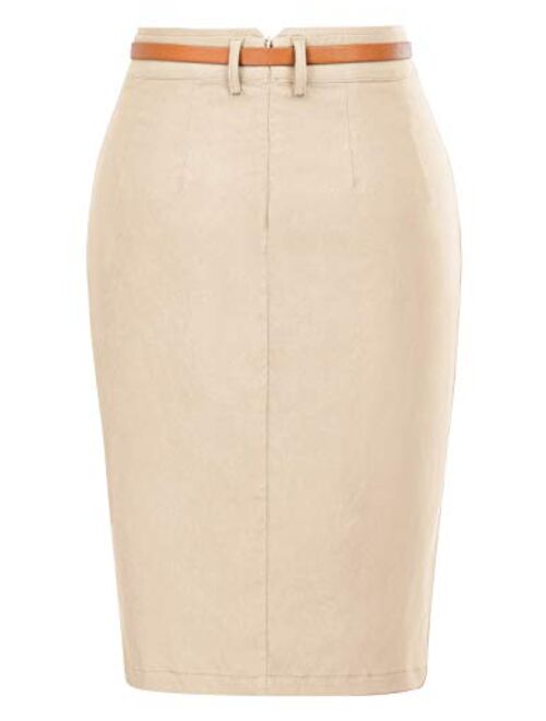 Kate Kasin Women's Bodycon Pencil Skirt with Blet Solid Color Hip-Wrapped