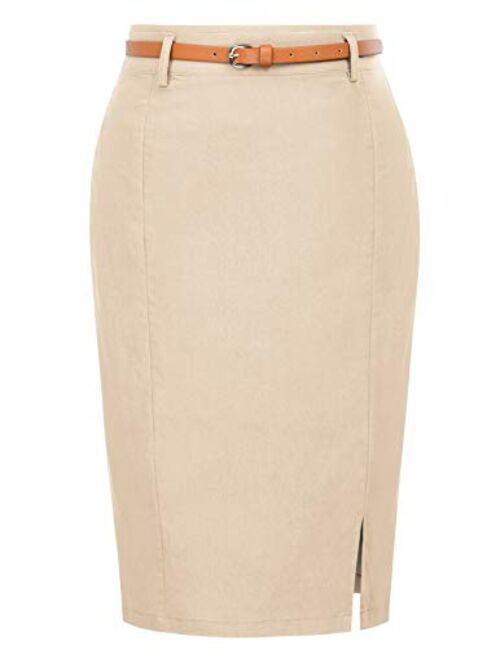 Kate Kasin Women's Bodycon Pencil Skirt with Blet Solid Color Hip-Wrapped