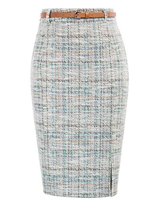 Kate Kasin Women's Bodycon Pencil Skirt with Blet Solid Color Hip-Wrapped