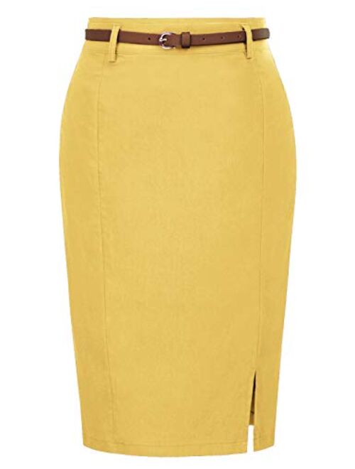 Kate Kasin Women's Bodycon Pencil Skirt with Blet Solid Color Hip-Wrapped