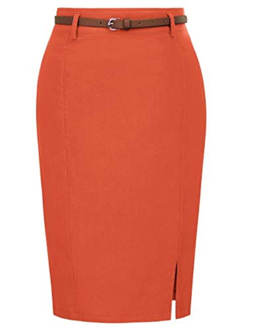 Kate Kasin Women's Bodycon Pencil Skirt with Blet Solid Color Hip-Wrapped