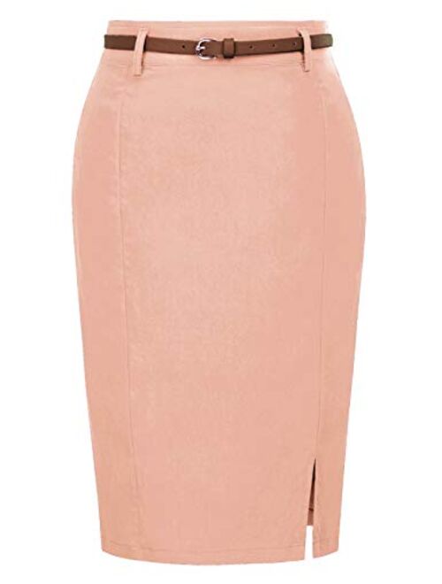 Kate Kasin Women's Bodycon Pencil Skirt with Blet Solid Color Hip-Wrapped