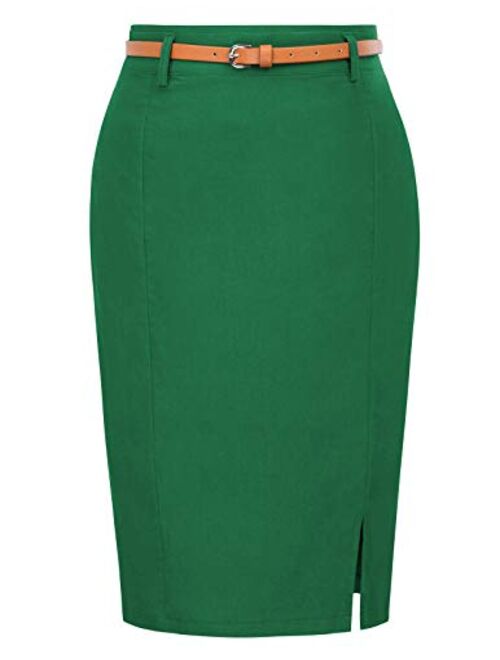 Kate Kasin Women's Bodycon Pencil Skirt with Blet Solid Color Hip-Wrapped