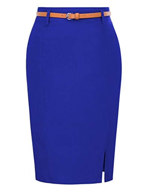 Kate Kasin Women's Bodycon Pencil Skirt with Blet Solid Color Hip-Wrapped