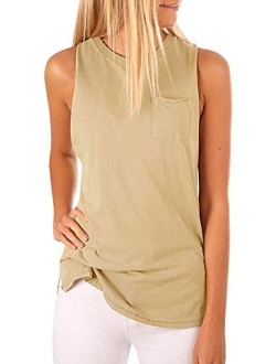 Women's High Neck Tank Top Sleeveless Blouse Plain T Shirts Pocket Cami Summer Tops