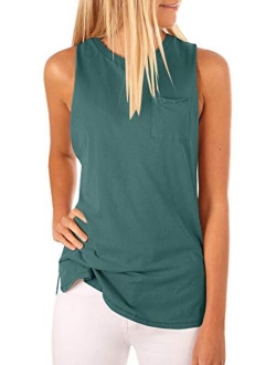 Women's High Neck Tank Top Sleeveless Blouse Plain T Shirts Pocket Cami Summer Tops