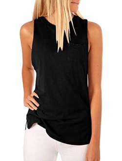 Women's High Neck Tank Top Sleeveless Blouse Plain T Shirts Pocket Cami Summer Tops