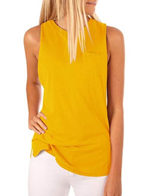 Women's High Neck Tank Top Sleeveless Blouse Plain T Shirts Pocket Cami Summer Tops