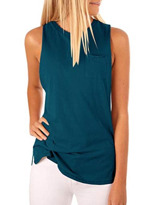 Women's High Neck Tank Top Sleeveless Blouse Plain T Shirts Pocket Cami Summer Tops