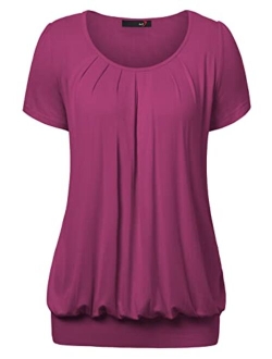 DJT Women's Scoop Neck Pleated Front Blouse Tunic Top
