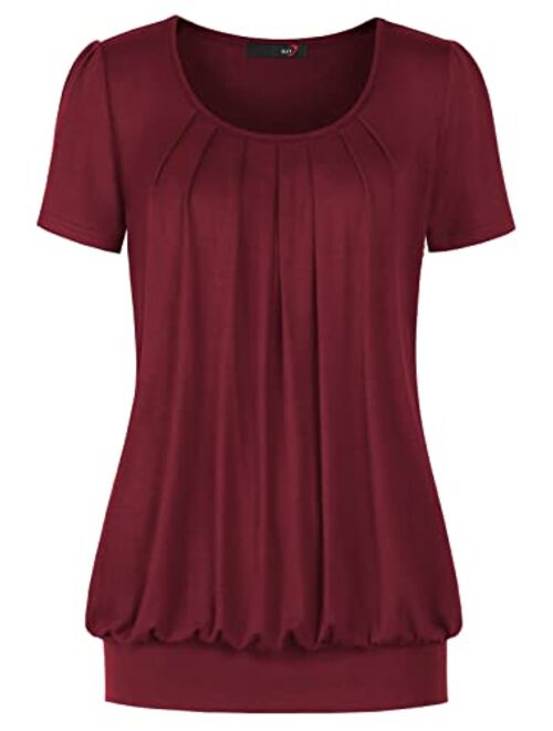 DJT Women's Scoop Neck Pleated Front Blouse Tunic Top